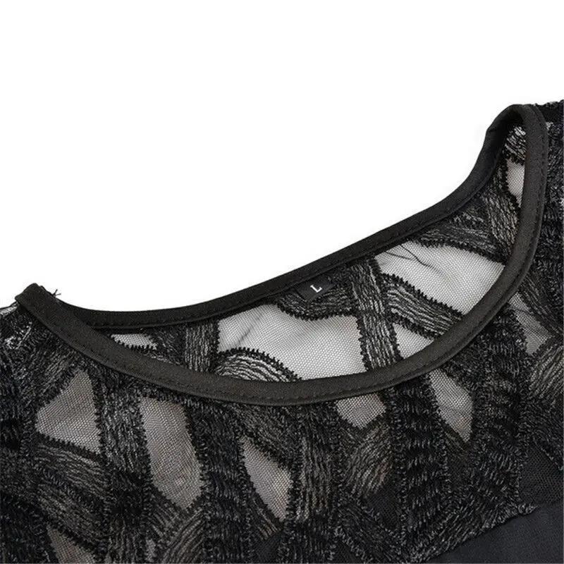 Fashionable women's lace midi dress, round neck, showcasing elegant style & versatile for multiple events.