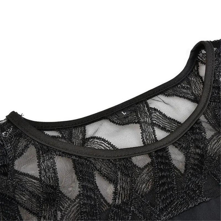 Fashionable women's lace midi dress, round neck, showcasing elegant style & versatile for multiple events.