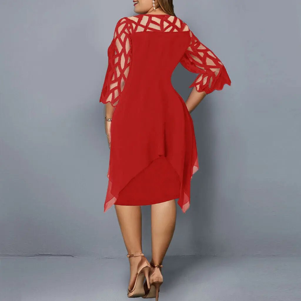 Chic women's midi dress with round neckline & exquisite lace details, ideal for sophisticated evening fashion.