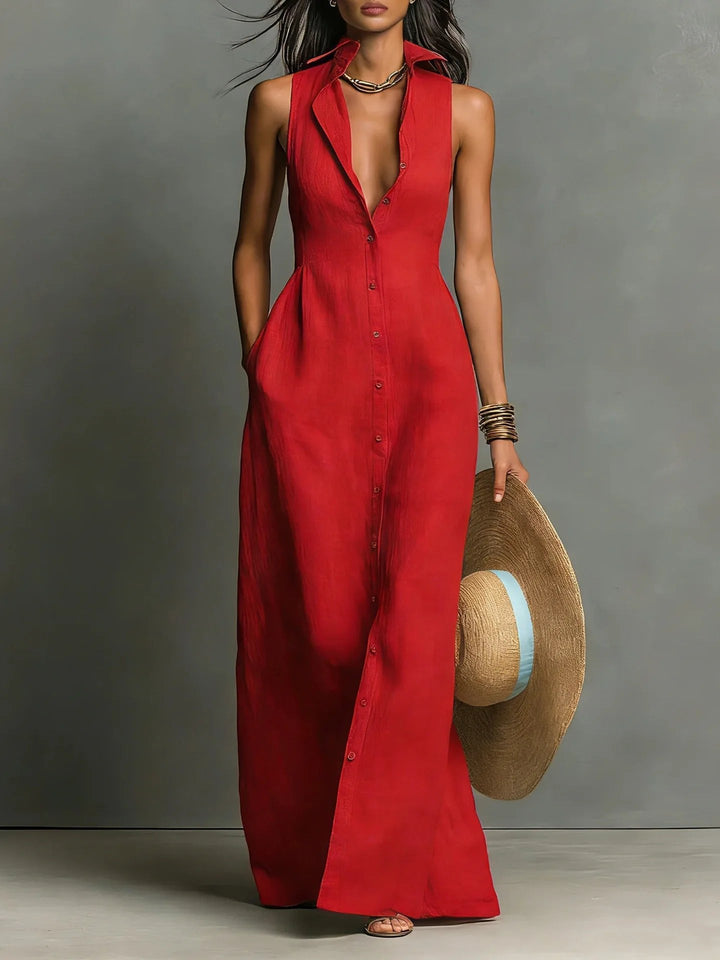 Women's elegant lapel button-front maxi dress, perfect for sophisticated style. Long, flowing silhouette.
