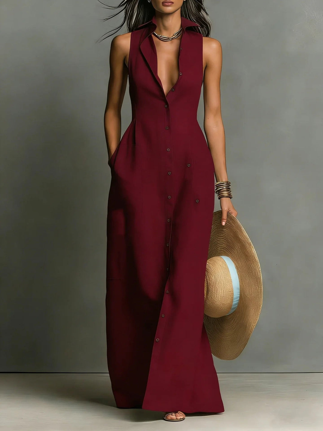 Versatile women's shirt maxi dress with lapel collar & full button front. Ideal for casual or evening wear.