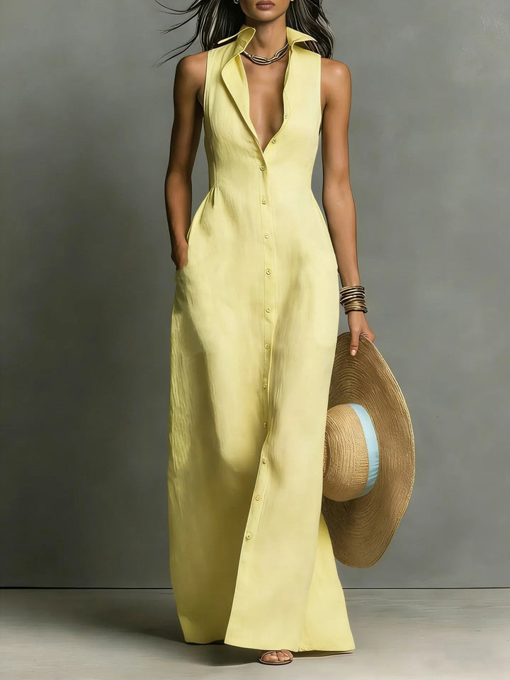 Stylish women's summer maxi dress featuring a chic lapel and button-front design for warm weather comfort.