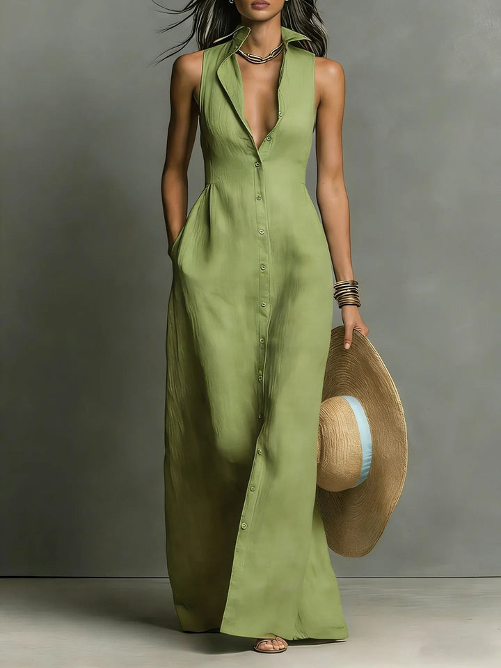 Casual yet sophisticated women's button-front maxi dress with a tailored lapel collar. Everyday elegance.