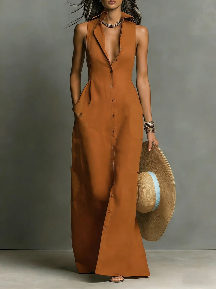 Classic button-front maxi dress for women, featuring a smart lapel, suitable for various occasions.