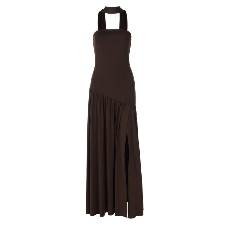 Modern women's elegant long maxi dress. Sophisticated bandeau neckline & stylish side slit for contemporary fashion.