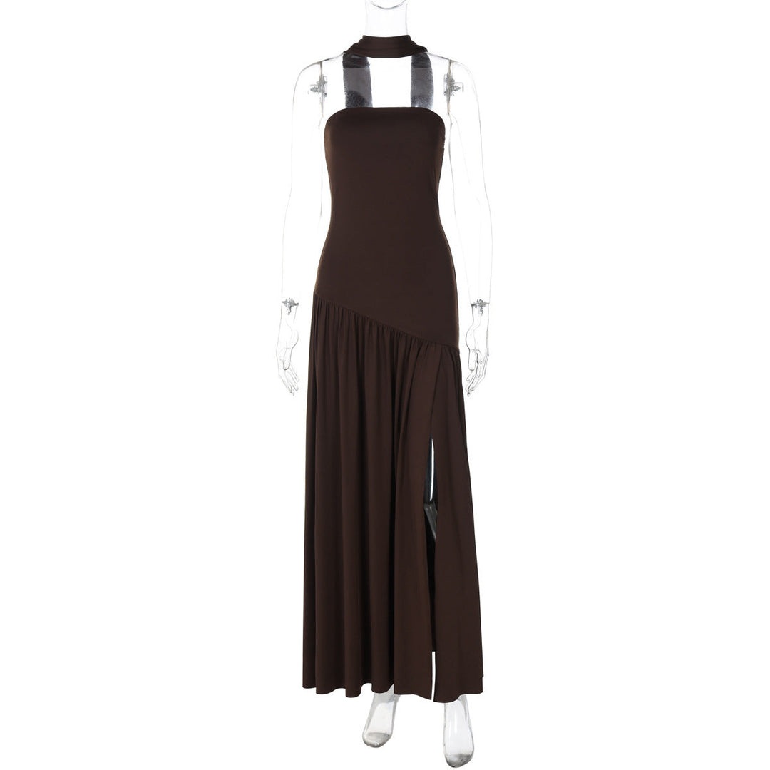 Flowing women's long formal dress. Strapless bandeau design with a dramatic side slit, enhancing elegance & style.