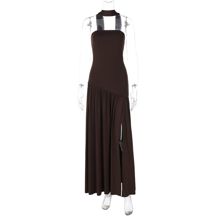 Flowing women's long formal dress. Strapless bandeau design with a dramatic side slit, enhancing elegance & style.