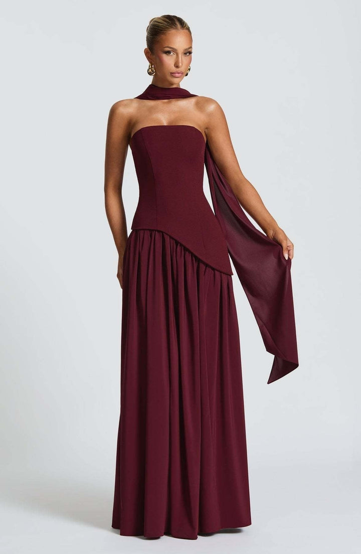 Sleeveless bandeau maxi dress for women. Features a chic side slit, great for parties & cocktail events.