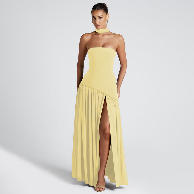 Simple & elegant women's strapless maxi dress. Long evening gown with a graceful side slit for special nights.