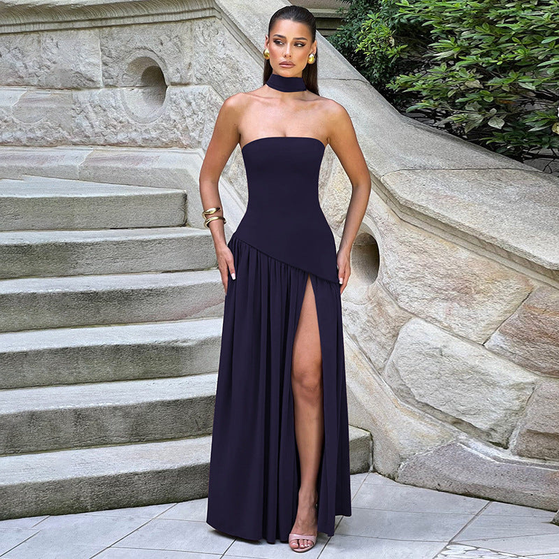 Glamorous women's evening maxi dress. Strapless with elegant side slit, perfect for galas, proms, and formal dinners.