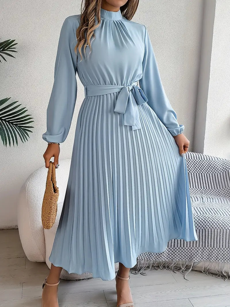 Women's elegant long sleeve belted pleated midi dress, perfect for fall fashion & spring style.