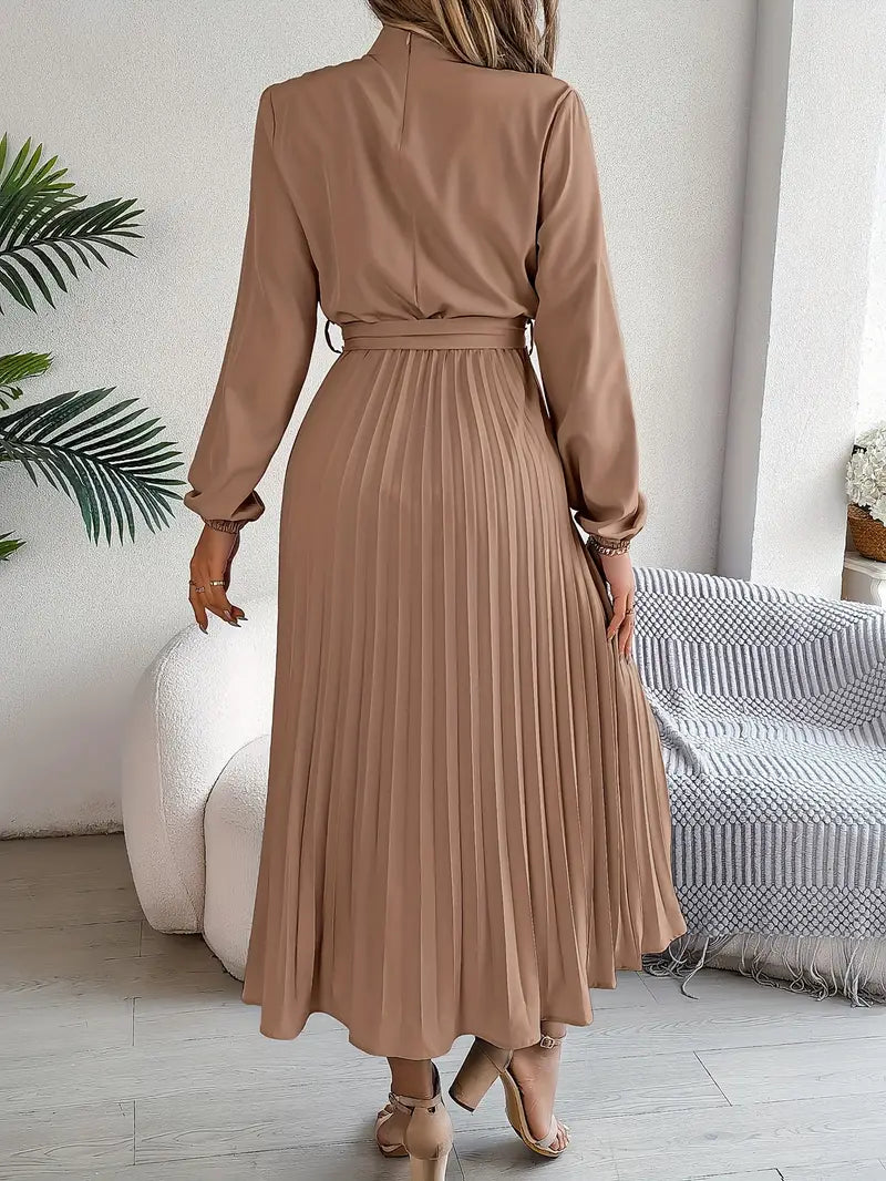 Comfortable women's pleated midi dress with long sleeves & a cinching belt for a flattering silhouette.