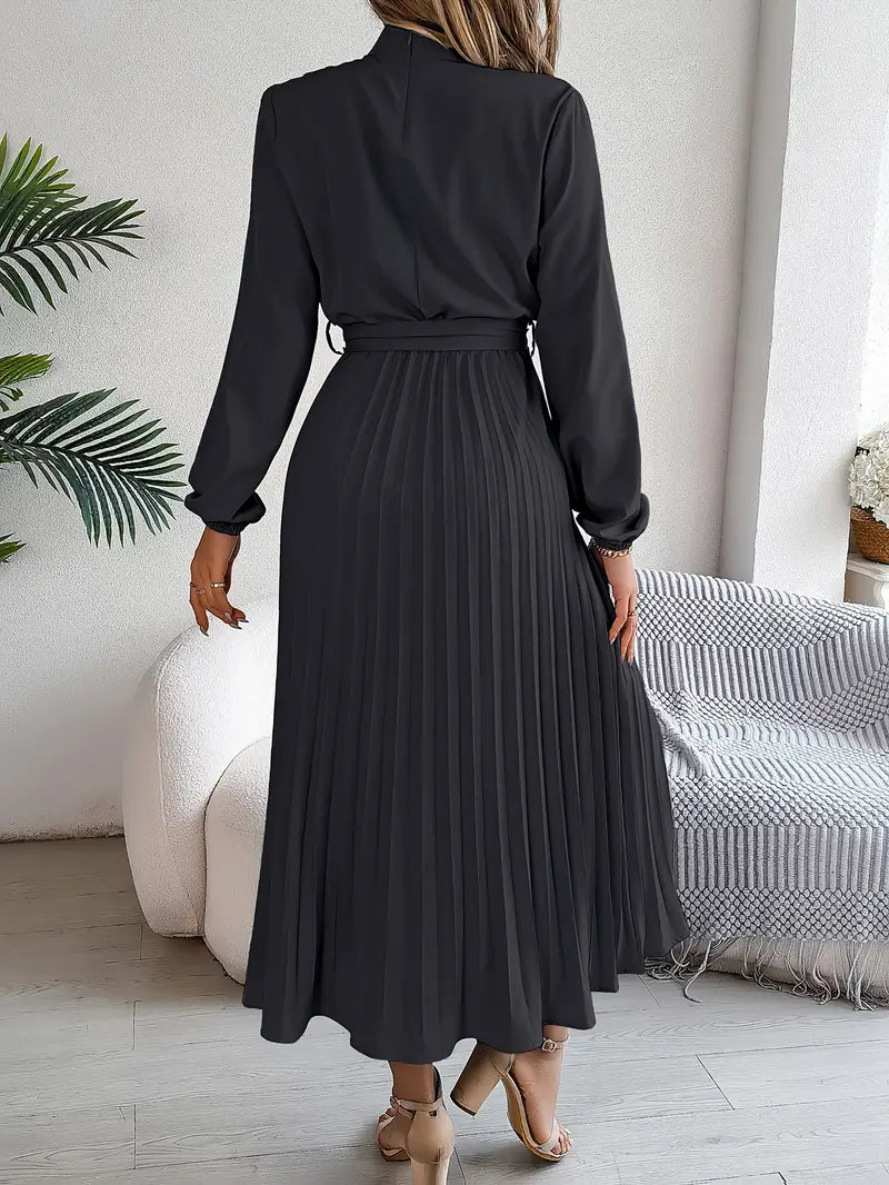 Women's elegant long sleeve belted pleated A-line midi dress, a versatile and stylish piece for fall & spring.