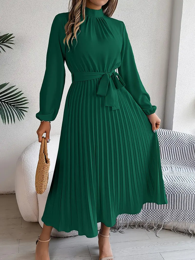 Flowing women's pleated midi dress with a flattering belt & long sleeves. Elegant & comfortable for any season.