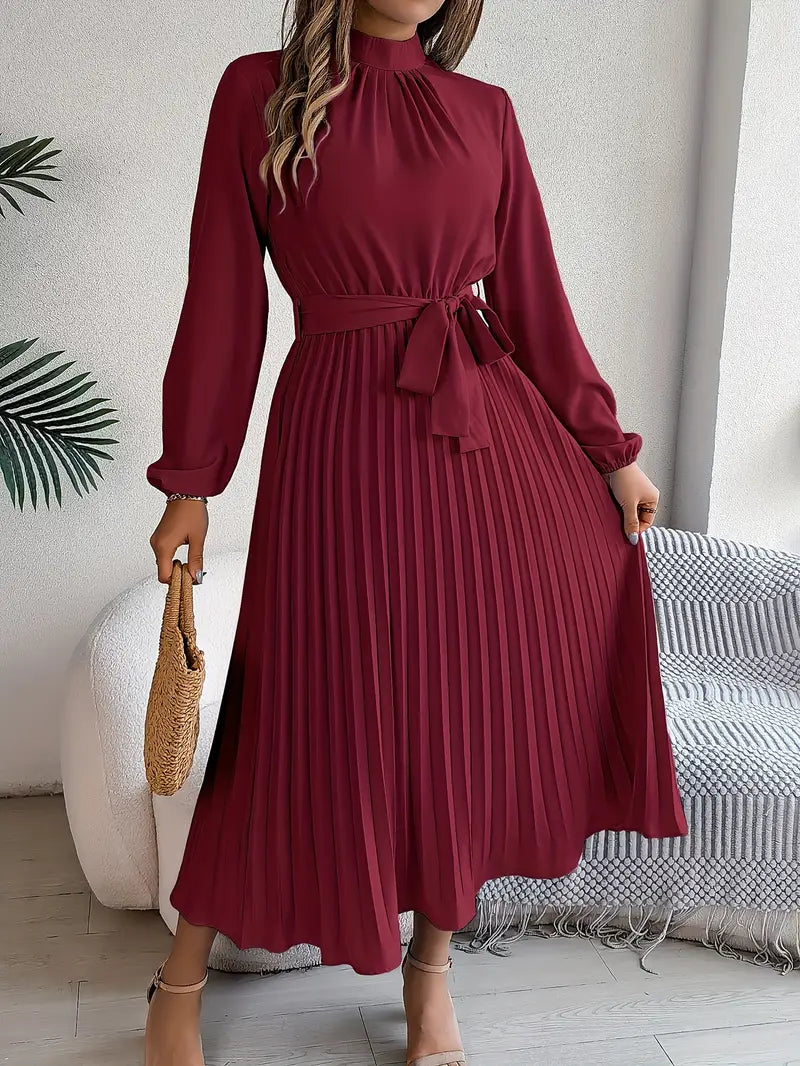 Trendy long sleeve midi dress for women, a belted pleated design perfect for fall & spring fashion.