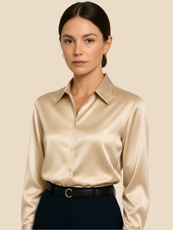 Chic long sleeve button-up blouse, elegant and professional for women.