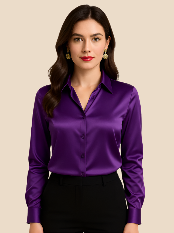 Professional long sleeve button blouse, versatile office wear for women.