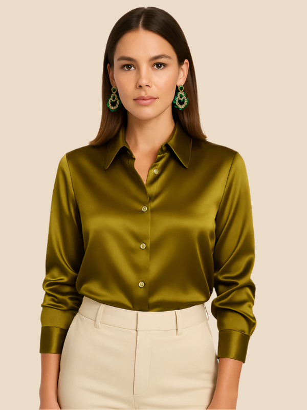 Stylish long sleeve button-front blouse, women's versatile office top.