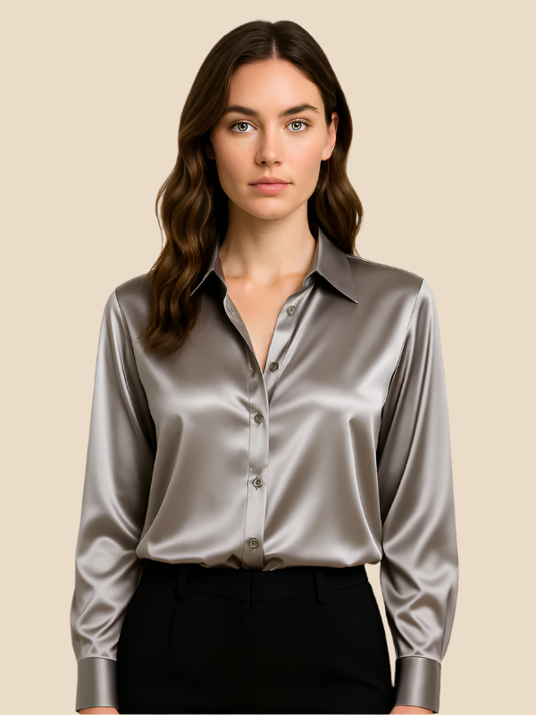 Women's professional work blouse, long sleeve button design.