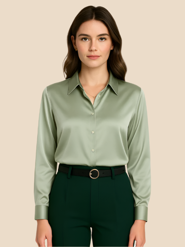 Long sleeve button-up blouse, essential for professional women's fashion.