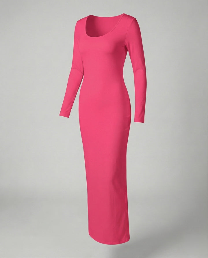 Comfortable women's long sleeve scoop neck bodycon maxi dress, stretch fabric, modern design.
