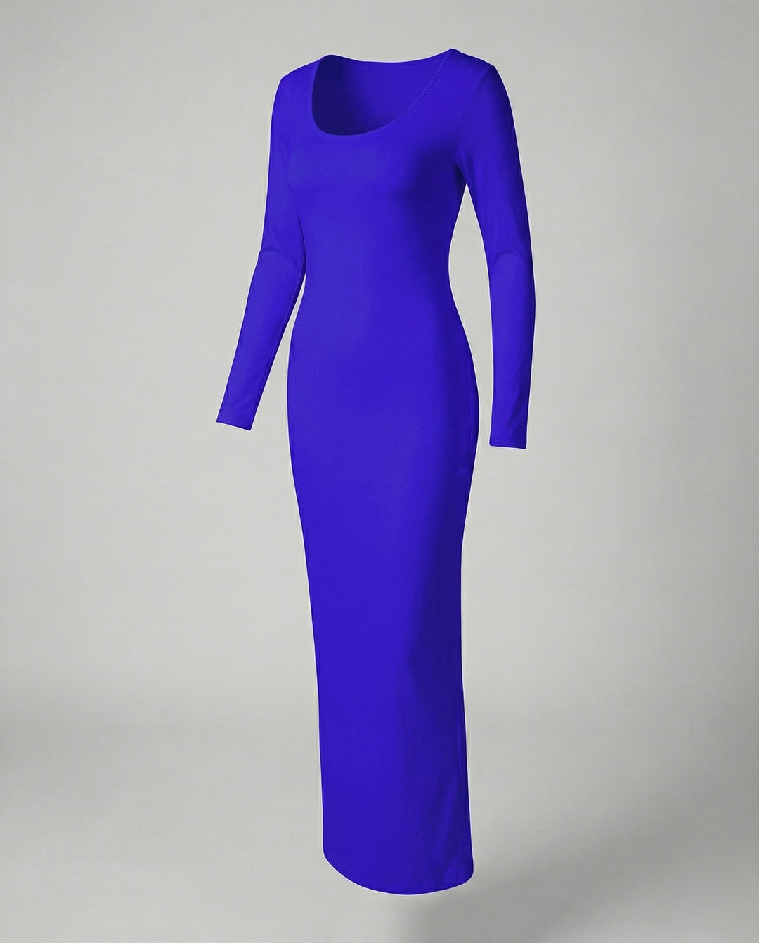 Figure-hugging women's long sleeve bodycon maxi dress with scoop neck, sleek and elegant.