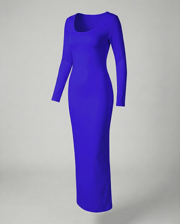 Figure-hugging women's long sleeve bodycon maxi dress with scoop neck, sleek and elegant.