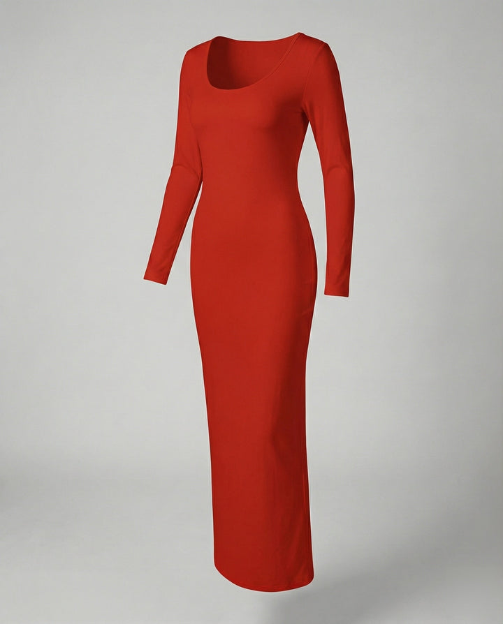 Modern women's elegant long sleeve bodycon maxi dress, scoop neck design for a chic look.