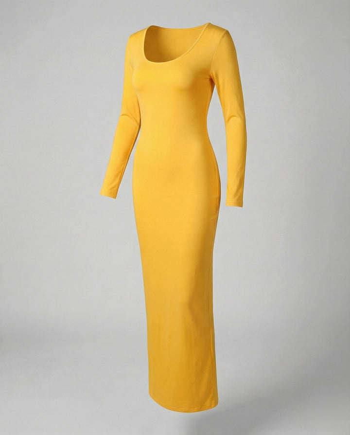 Full-length women's long sleeve scoop neck bodycon maxi dress, flattering and stylish.