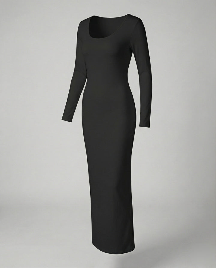 Stylish women's long sleeve scoop neck fitted maxi dress, elegant and comfortable for various events.