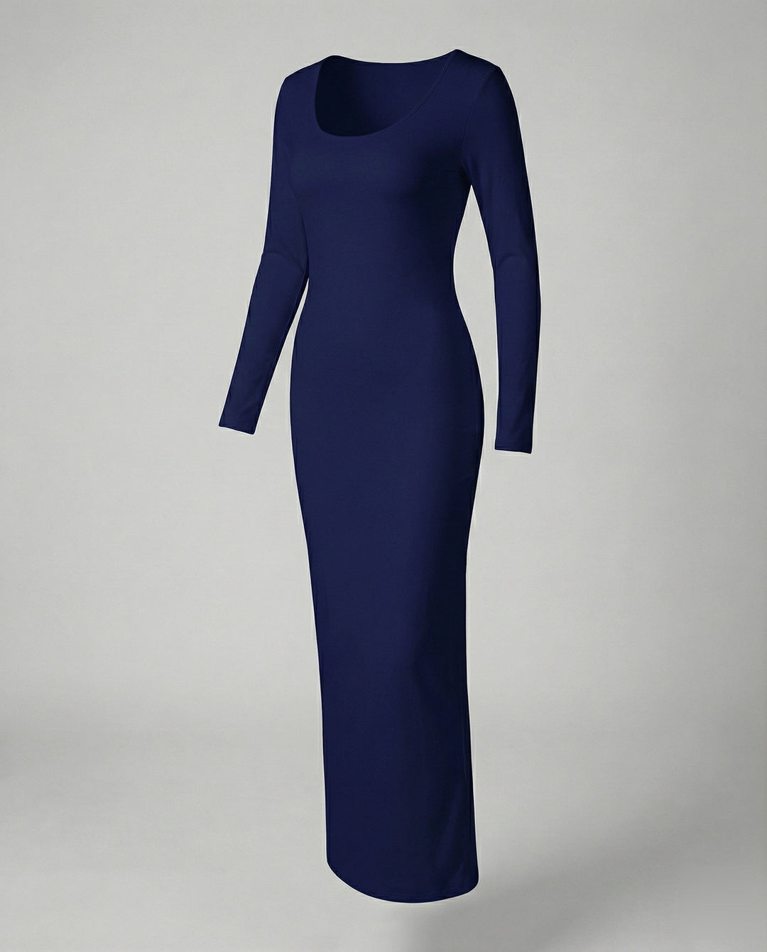Women's modern long sleeve bodycon maxi dress, scoop neck, perfect for evening wear.