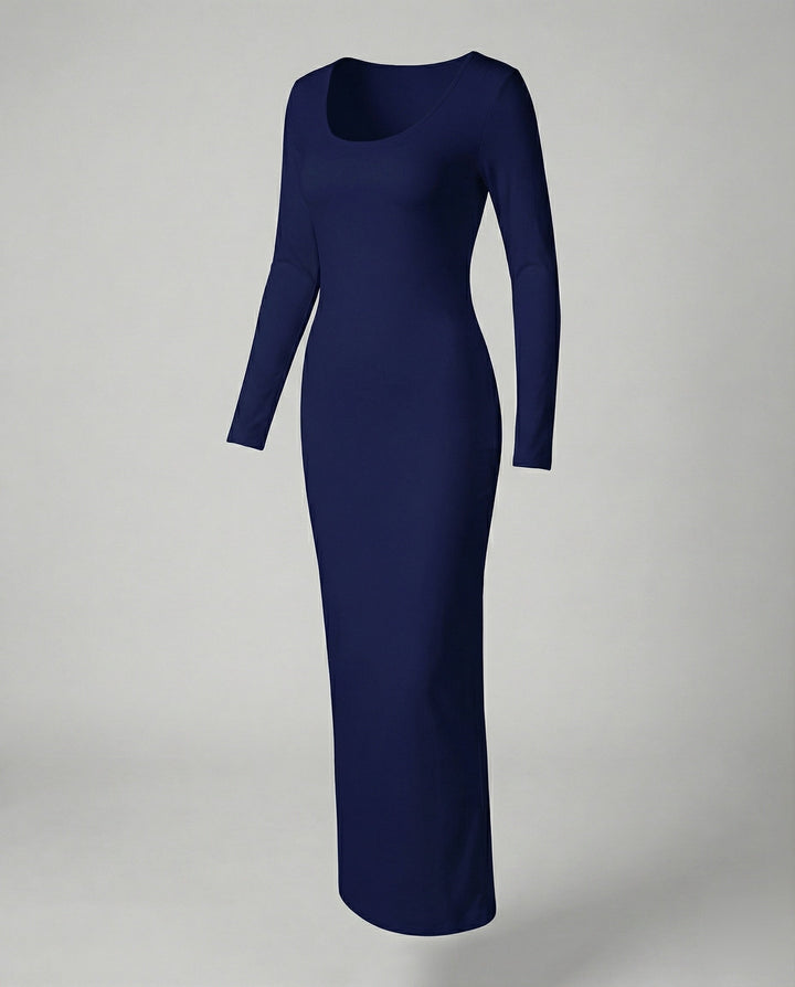 Women's modern long sleeve bodycon maxi dress, scoop neck, perfect for evening wear.