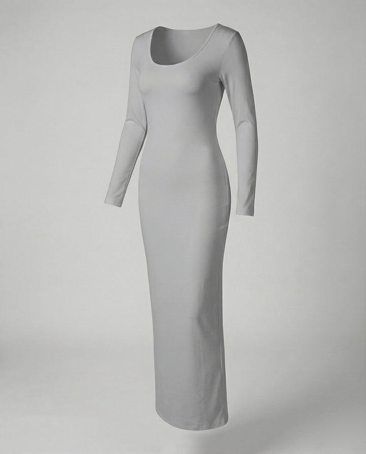Elegant women's stretch-fit long sleeve scoop neck bodycon maxi dress, day-to-night style.