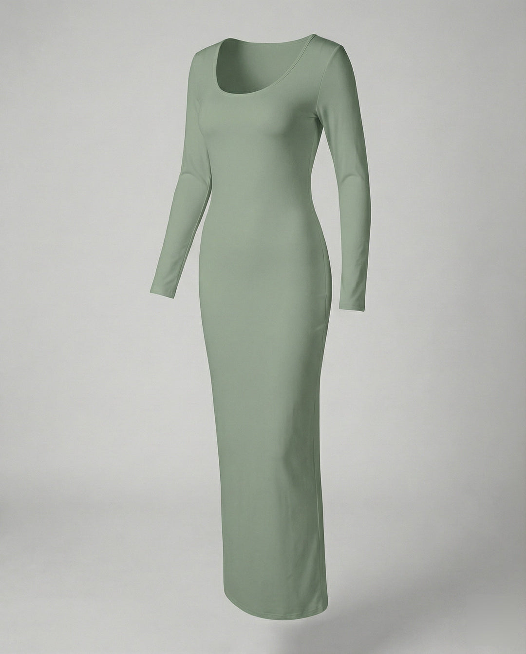 Women's sophisticated long sleeve scoop neck bodycon maxi dress, versatile for casual or formal.