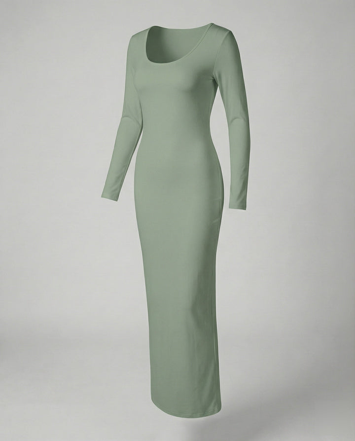Women's sophisticated long sleeve scoop neck bodycon maxi dress, versatile for casual or formal.