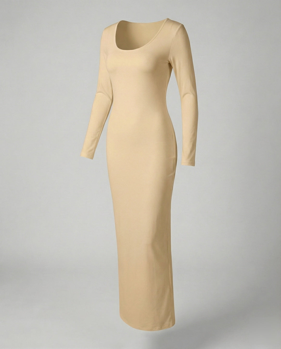 Black women's long sleeve bodycon maxi dress, scoop neck, showing elegant fitted silhouette.