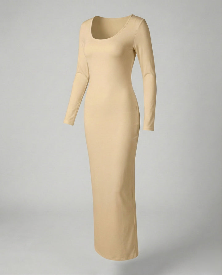 Black women's long sleeve bodycon maxi dress, scoop neck, showing elegant fitted silhouette.