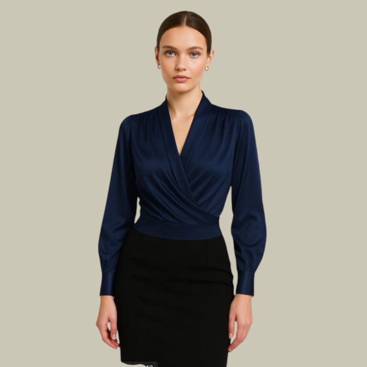 Women's elegant long-sleeve wrap blouse in a sophisticated satin-look fabric, perfect for office or formal wear.