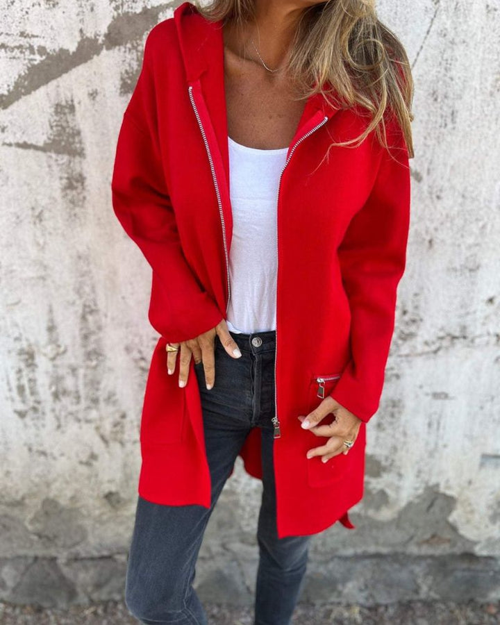 Women's elegant long sleeve zipper cardigan in a comfortable knit fabric, perfect for fall layering.