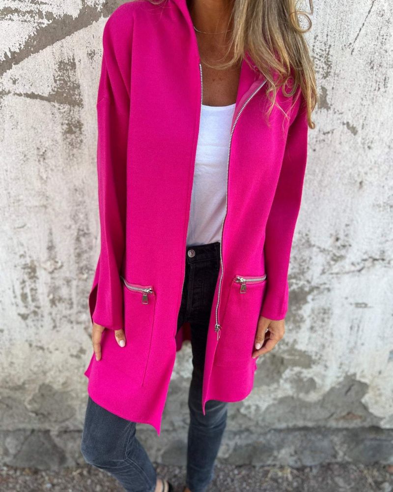Chic women's long sleeve zipper cardigan, a fashionable knitwear piece for fall outerwear and style.