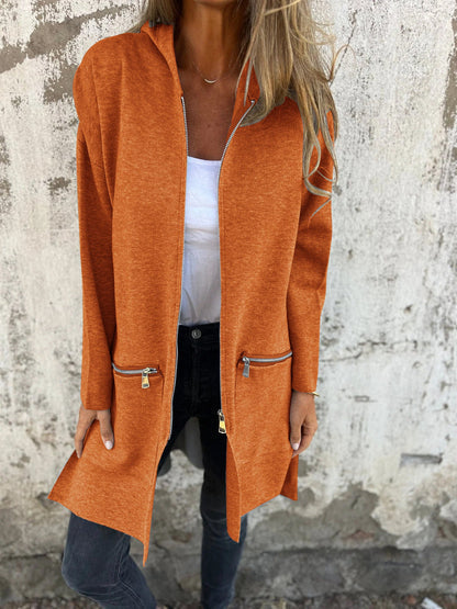 Full-zip women's elegant cardigan with long sleeves, showcasing soft knit texture and modern design.