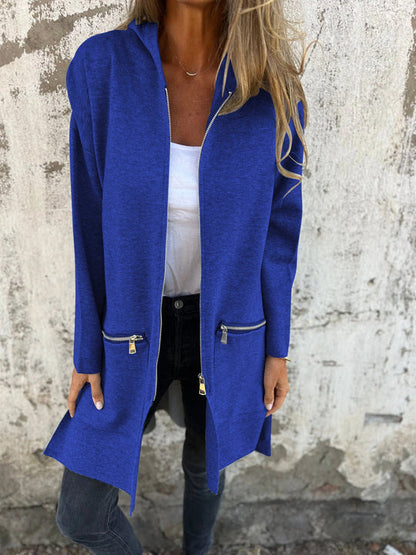Women's comfortable knit cardigan with long sleeves and zipper, excellent for elegant fall layering.