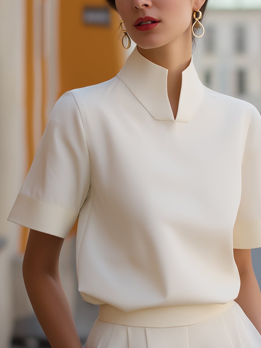 Stylish women's stand collar blouse, short sleeve, perfect for workwear & daily fashion.
