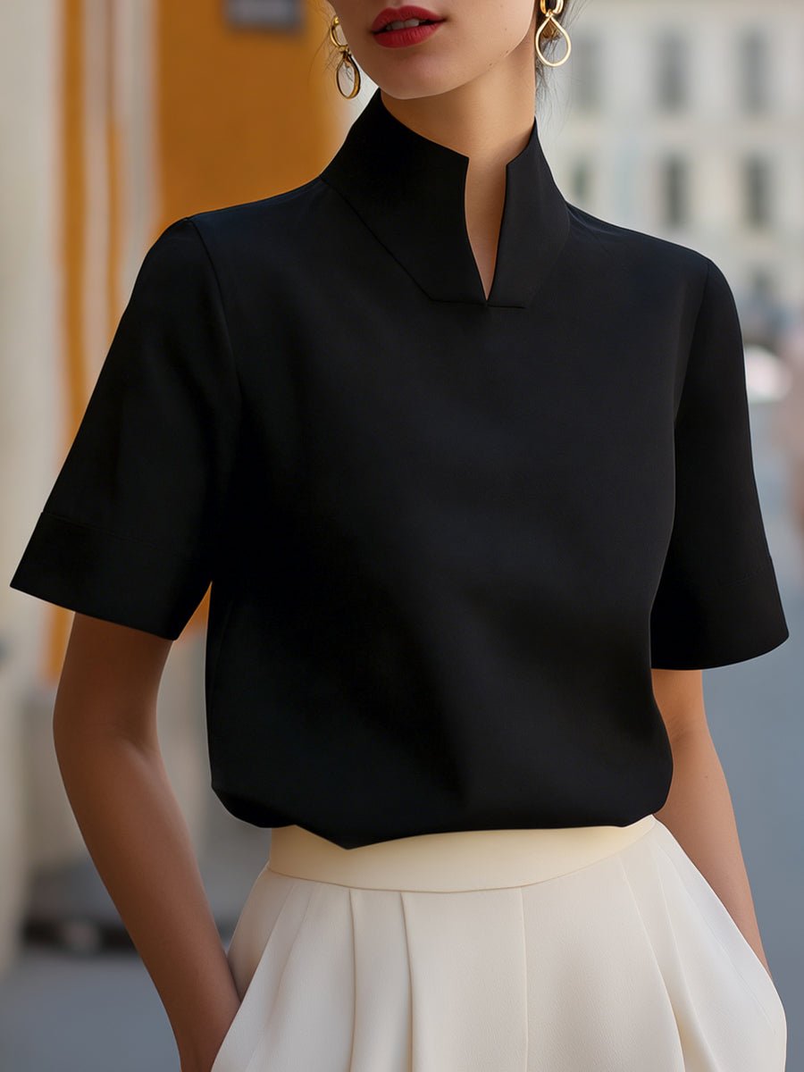 Chic stand collar blouse for women, short sleeve, relaxed fit. Dressy yet casual wear.