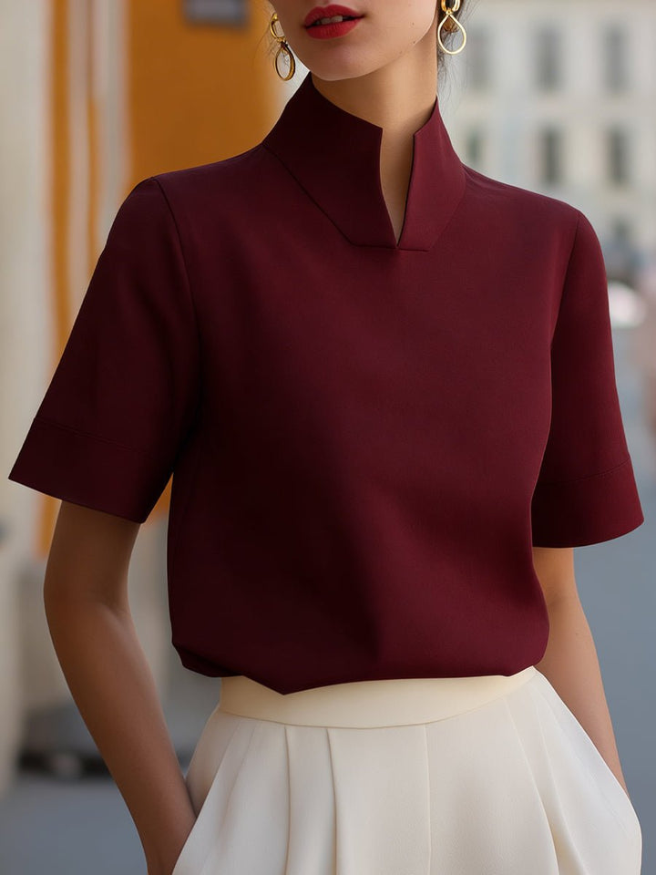 Summer essential: women's elegant mandarin collar top, short sleeve, relaxed and chic.
