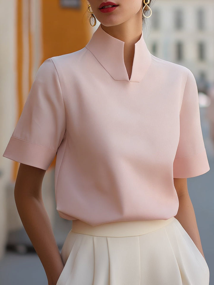 Daily wear women's blouse: short sleeve, relaxed fit, elegant stand collar.