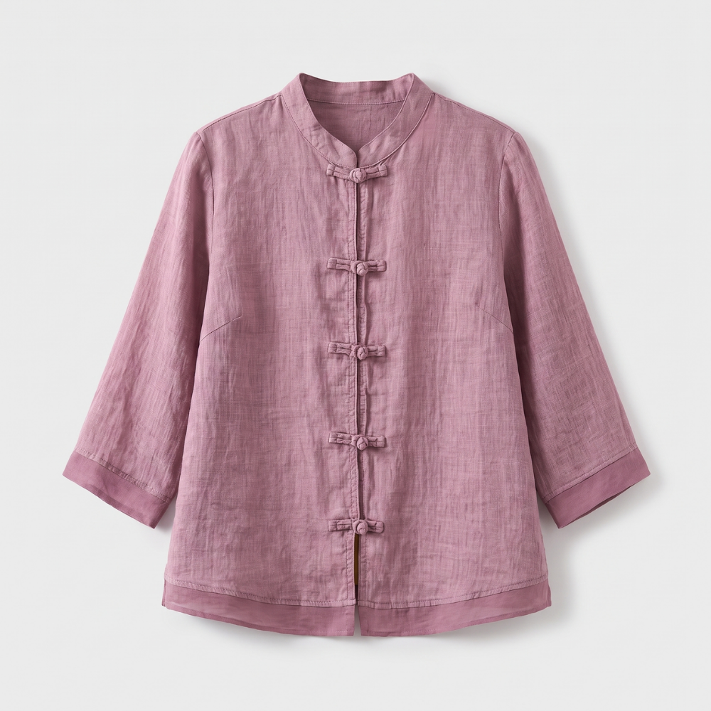 Unique style women's blouse: mandarin collar, elegant frog buttons, and comfortable tailored fit.