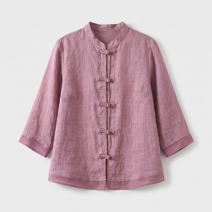 Unique style women's blouse: mandarin collar, elegant frog buttons, and comfortable tailored fit.