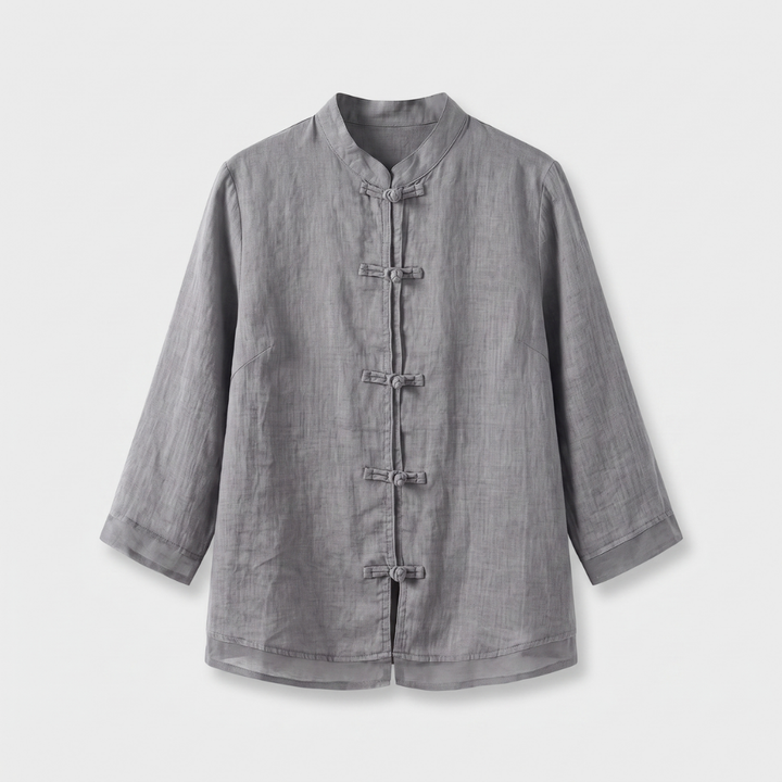 Versatile women's blouse for office & casual, featuring a mandarin collar and distinctive frog buttons.