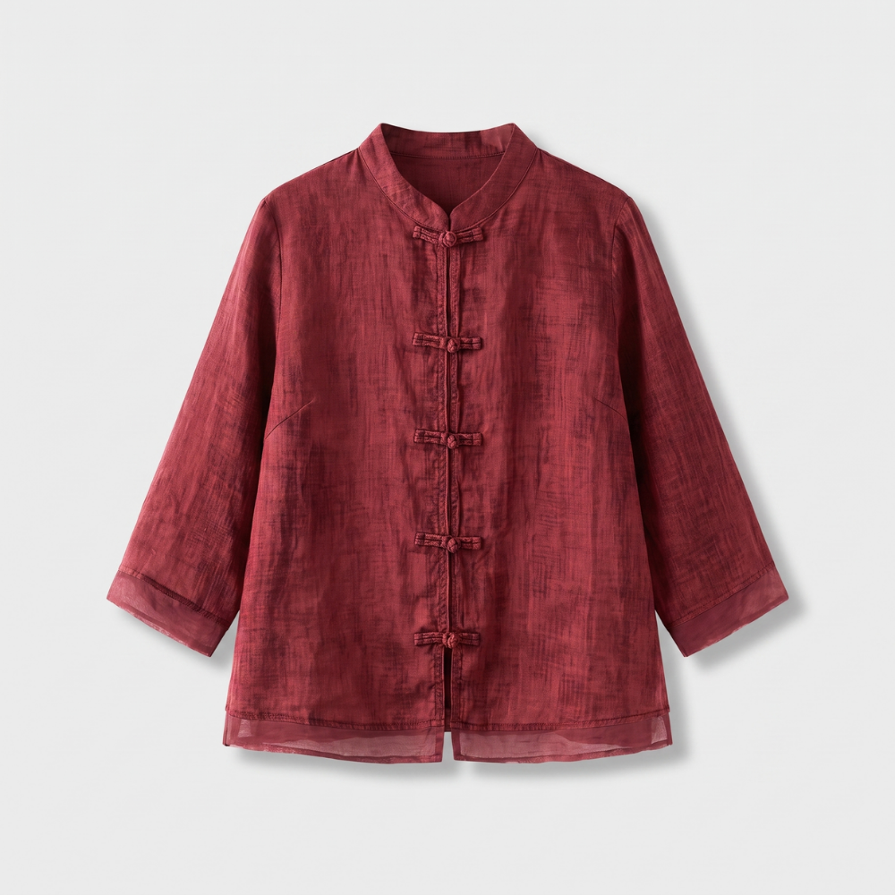 Close-up of a women's mandarin collar blouse, showcasing intricate frog button detailing.